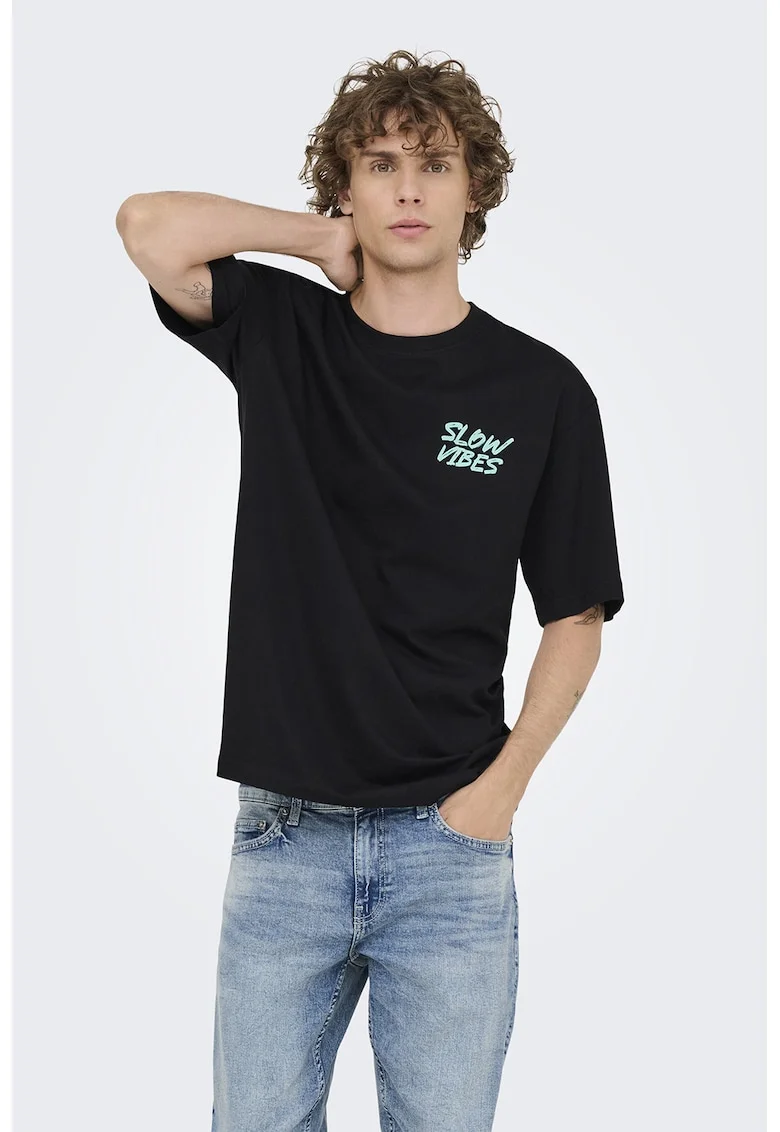Tricou lejer din bumbac organic cu imprimeu grafic, Negru/Albastru deschis
