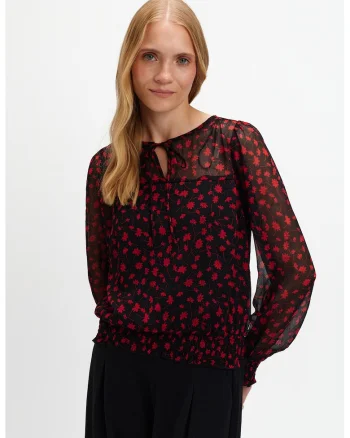 Bluza semitrasnaprenta cu model floral, Rosu/Negru
