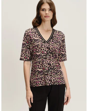 Bluza cu decolteu in V si imprimeu grafic, Negru/Bej