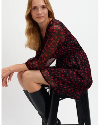 Rochie cu maneci lungi si decolteu in V, Rosu/Negru