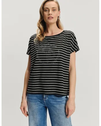 Tricou cu dungi si strasuri, Alb/Negru