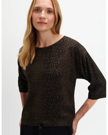 Bluza cu animal print si maneci 3/4, Negru/Maro