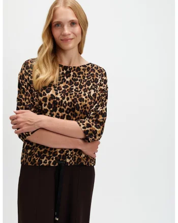 Bluza cu animal print si maneci 3/4, Maro/Bej