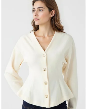 Cardigan cambrat cu decolteu in V, Crem