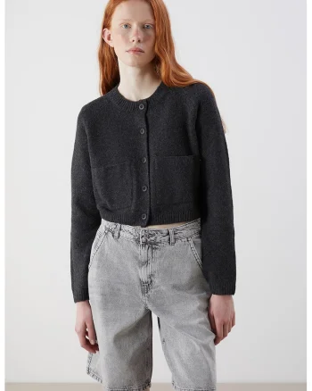 Cardigan crop lejer din amestec de lana, Gri antracit