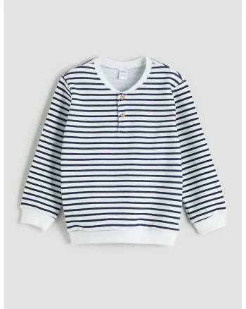Bluza de trening cu decolteu in V si dungi, Alb/Bleumarin