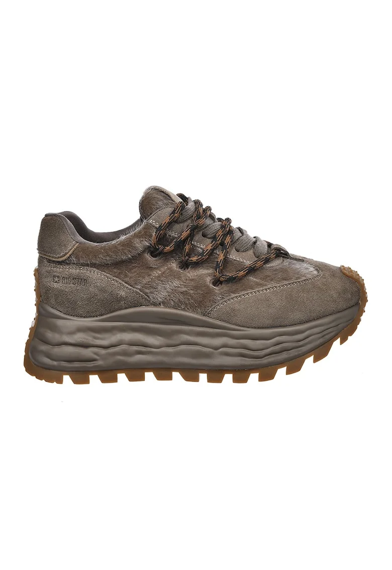 Pantofi sport wedge de piele intoarsa cu garnituri de blana sintetica, Maro taupe