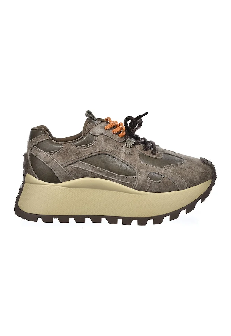 Pantofi sport flatform de piele cu garnituri de piele intoarsa, Maro taupe/Kaki