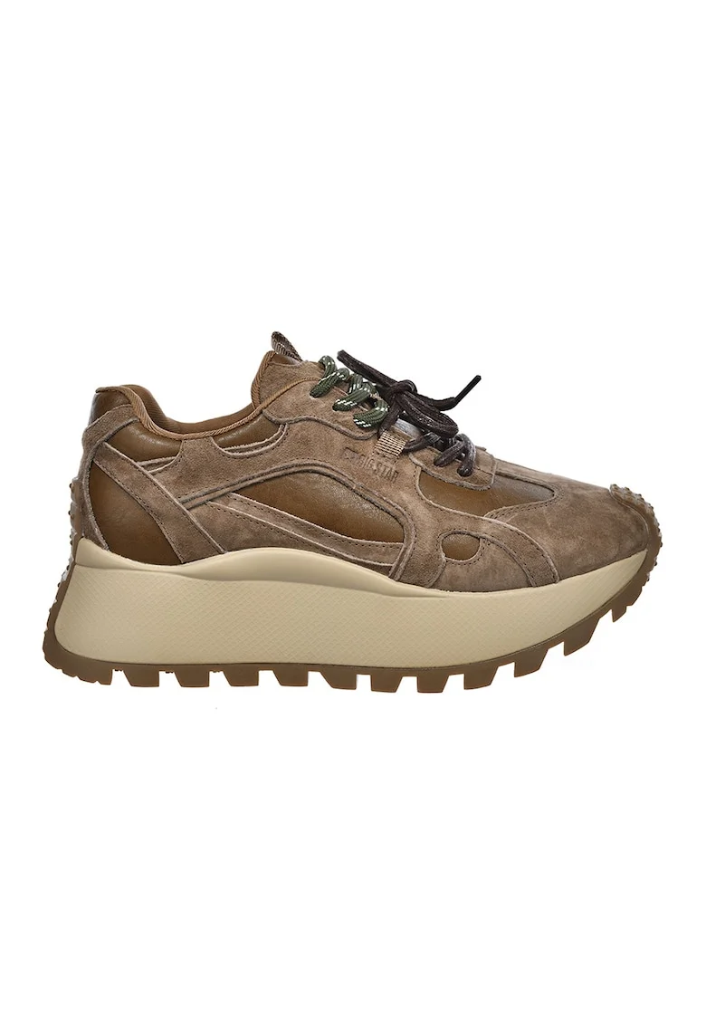 Pantofi sport flatform de piele cu garnituri de piele intoarsa, Maro deschis
