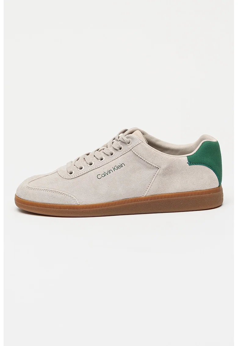 Pantofi sport de piele intoarsa cu logo lateral si talpa joasa, Verde/Gri deschis