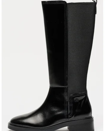 Cizme lungi de piele cu model uni, Negru