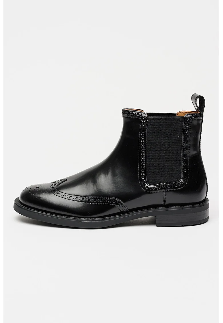 Ghete de piele cu insertii din material textil, fara inchidere, Negru