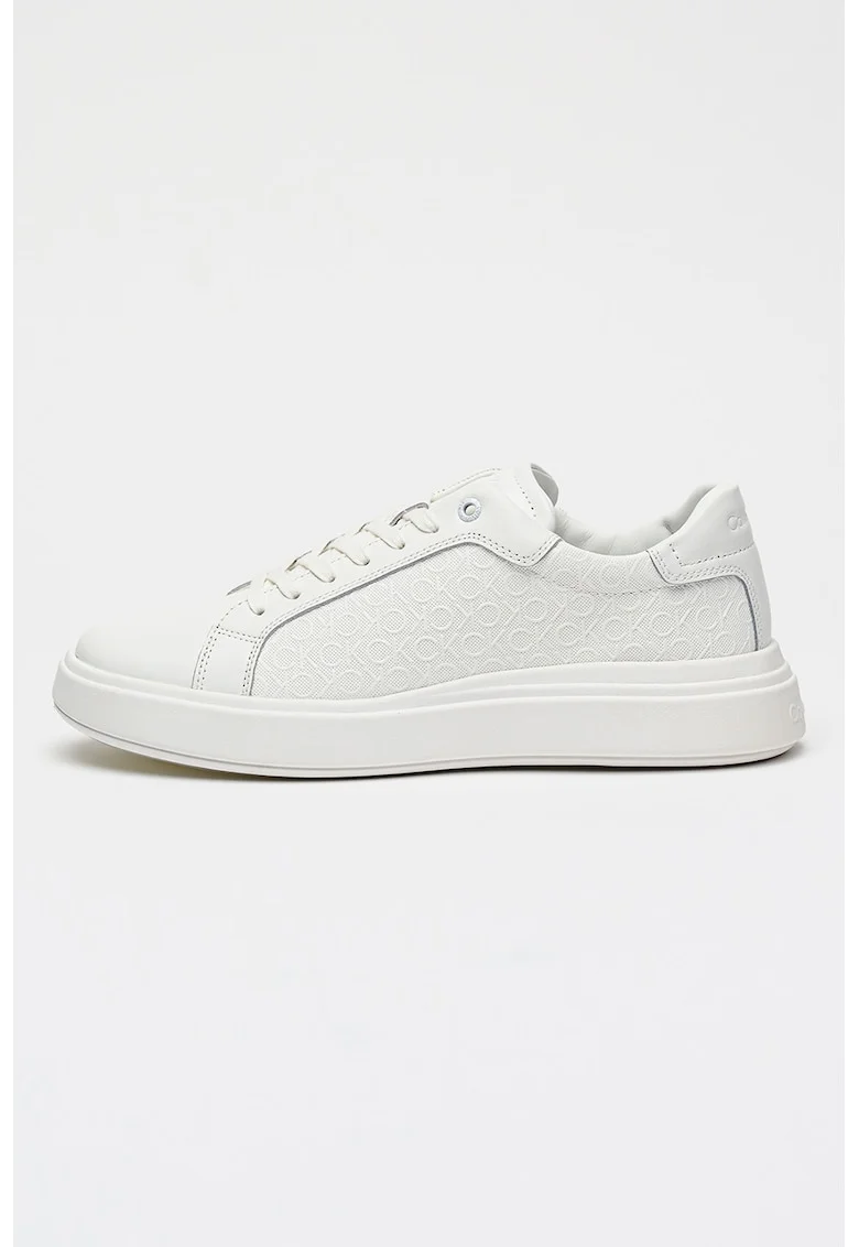 Pantofi sport low-cut de piele cu aspect masiv si monograma, Alb