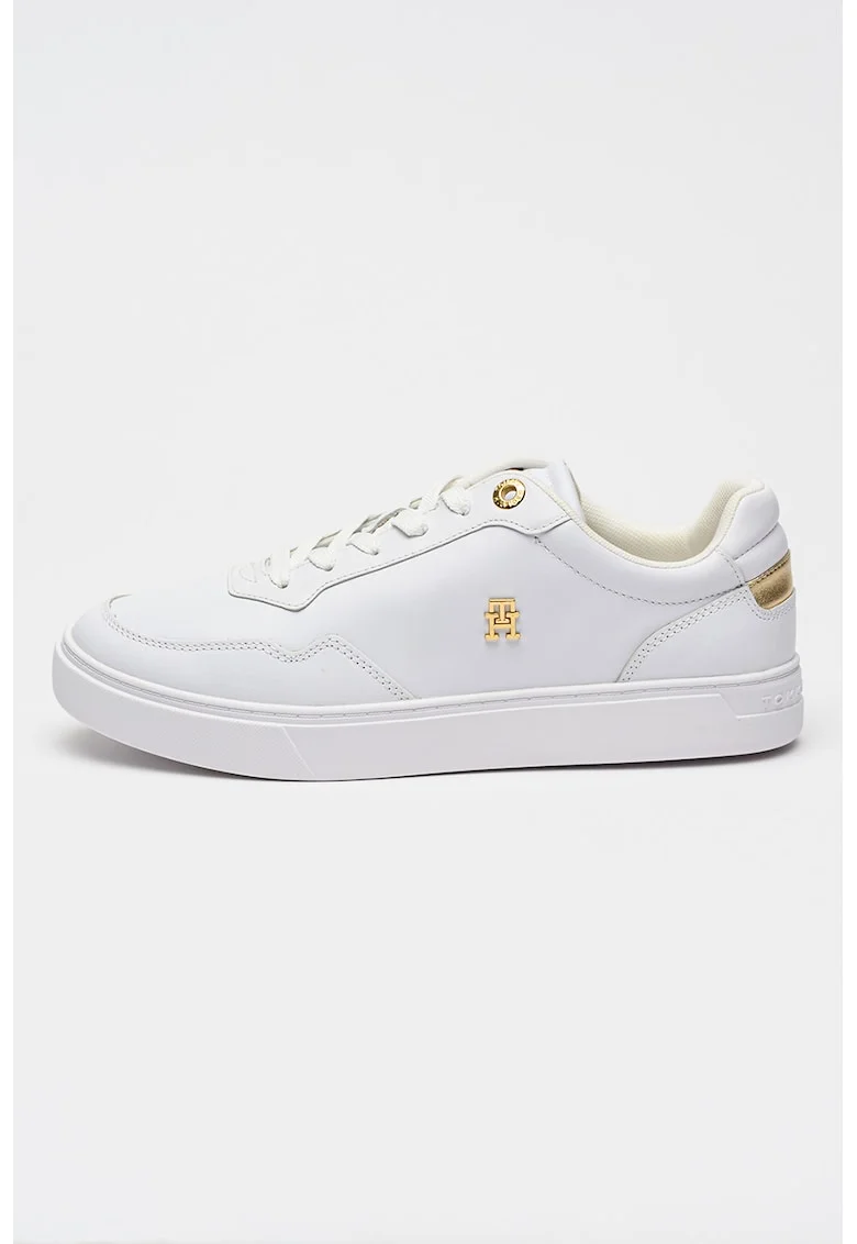 Pantofi sport low-cut de piele cu logo metalic, Alb/Auriu