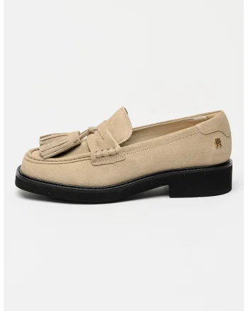 Pantofi loafer de piele intoarsa cu talpa plata, Bej