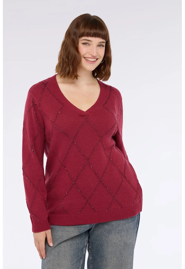 Pulover din amestec de lana cu insertii stralucitoare, Roz zmeuriu