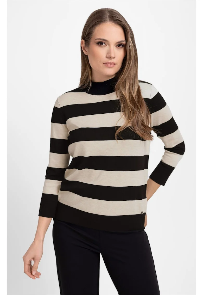 Pulover cu guler inalt, dama, maneci trei sferturi,  S-Tess, in dungi bej melange si negru, Negru/Bej melange