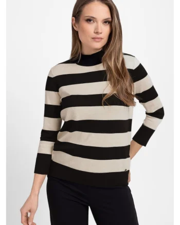 Pulover cu guler inalt, dama, maneci trei sferturi,  S-Tess, in dungi bej melange si negru, Negru/Bej melange