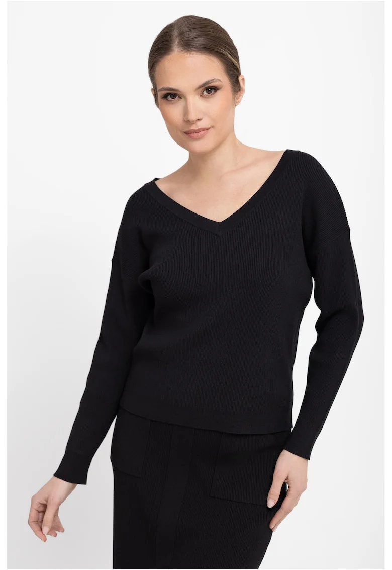 Pulover dama cu nervuri, cu decolteu in V,  S-Tika, Regular Fit, Negru, Negru