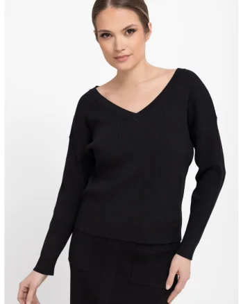 Pulover dama cu nervuri, cu decolteu in V,  S-Tika, Regular Fit, Negru, Negru