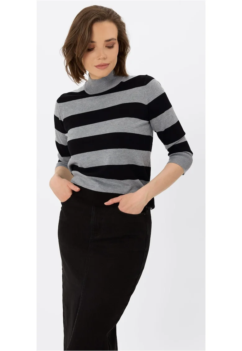 Pulover cu guler inalt, dama, maneci trei sferturi,  S-Tess, in dungi negru si gri melange, Negru/Gri melange