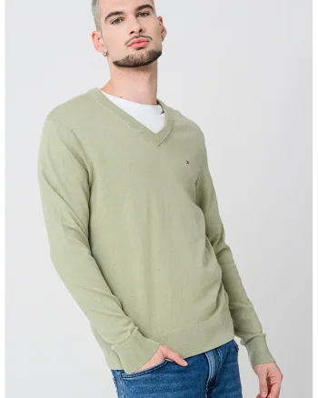 Pulover din amestec de bumbac organic si casmir cu decolteu in V, Verde sparanghel