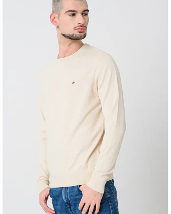 Pulover din amestec de casmir si bumbac organic cu decolteu la baza gatului, Bej