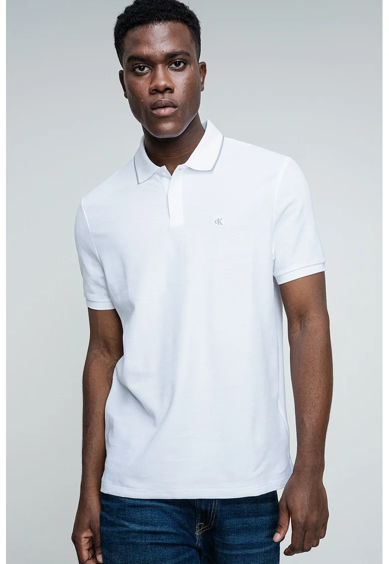 Tricou polo din bumbac pique, Gri/Alb optic