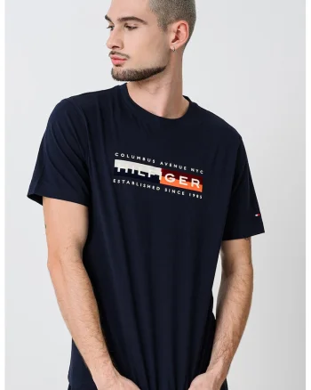 Tricou cu decolteu la baza gatului si imprimeu, Alb/Visiniu/Bleumarin