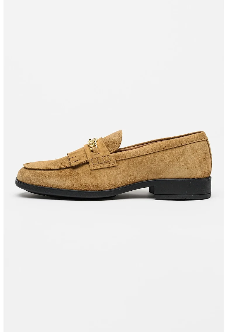 Pantofi loafer din piele intoarsa cu detaliu metalizat, Maro deschis