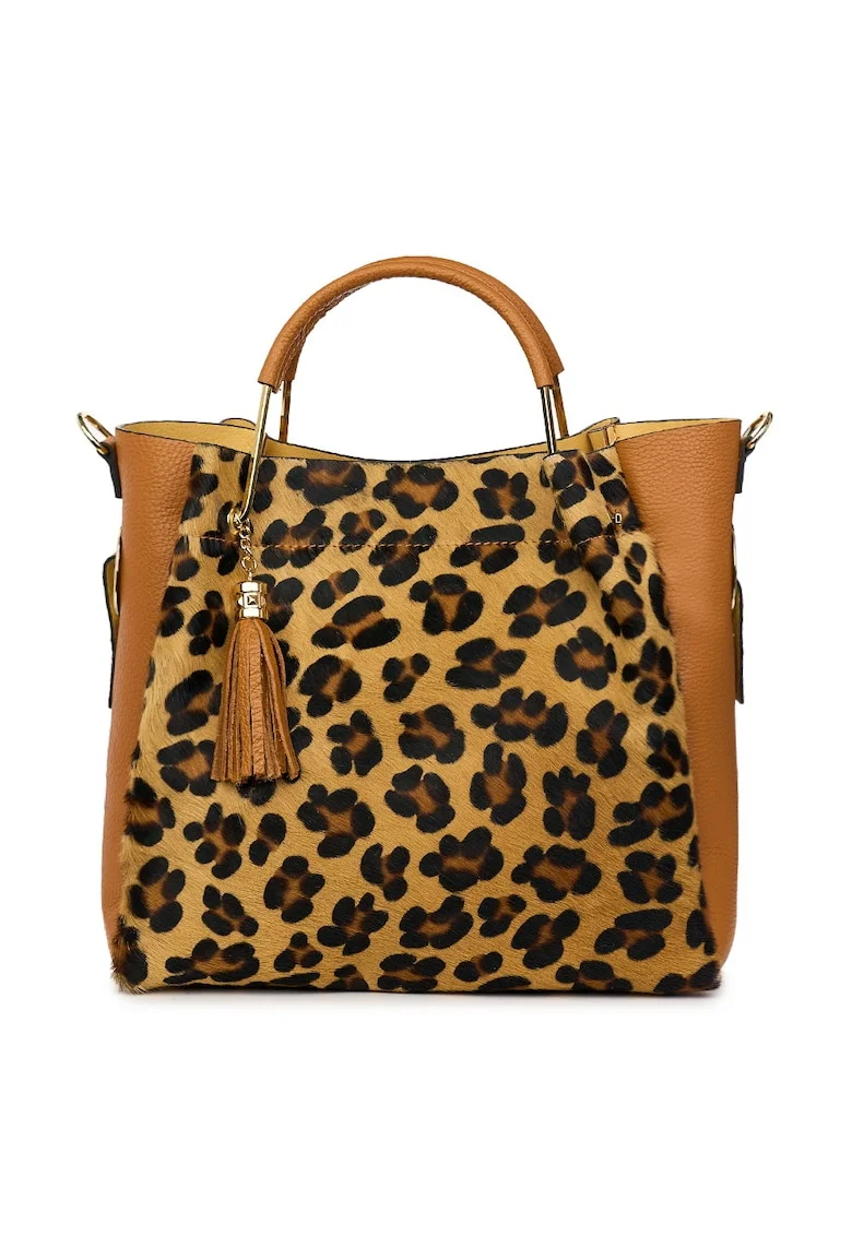 Geanta din piele cu par de ponei Fabiana, coniac/animal, Animal print/Coniac