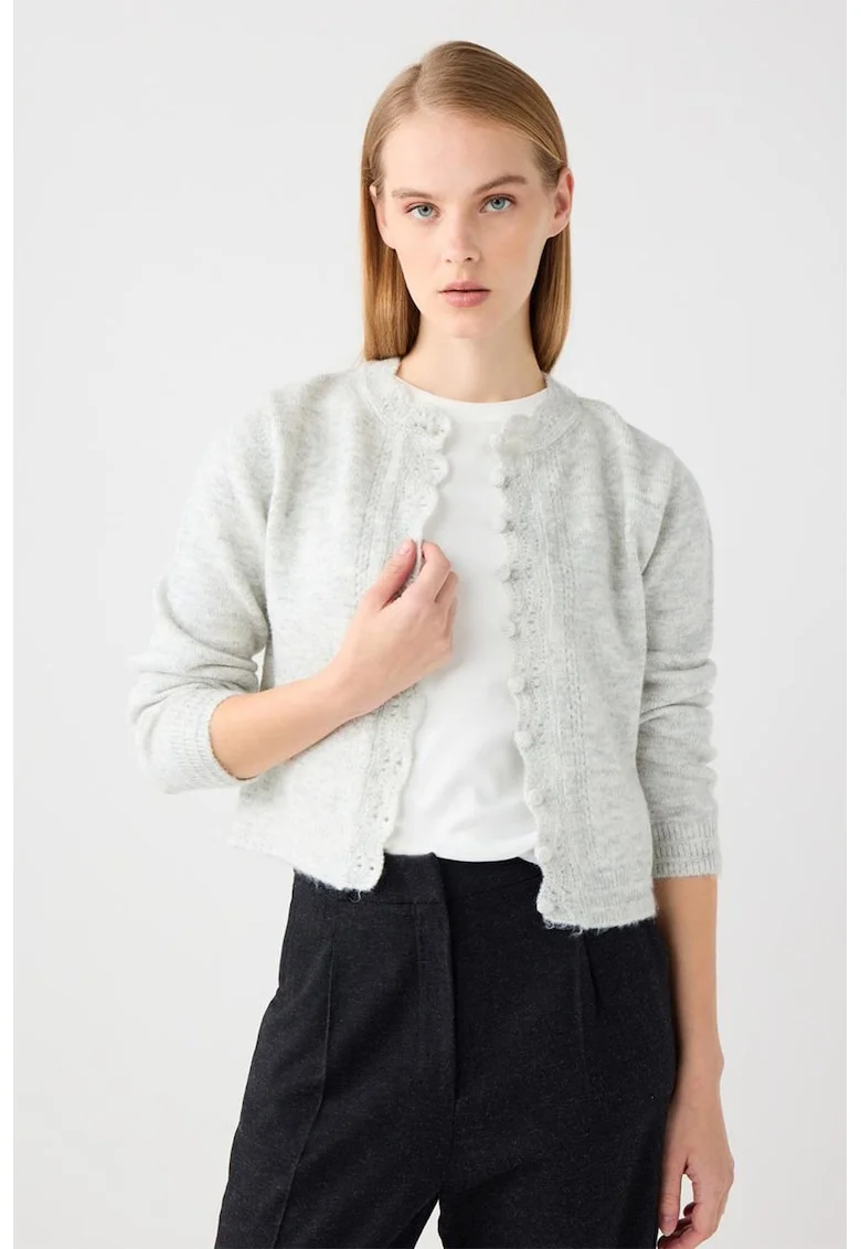 Cardigan slim fit cu terminatie valurita, Gri melange