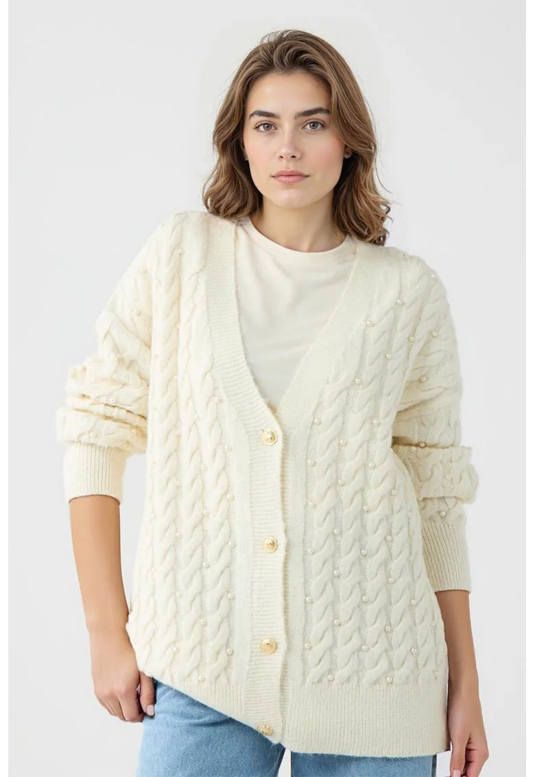 Cardigan supradimensionat cu model torsade si perle sintetice, Alb fildes