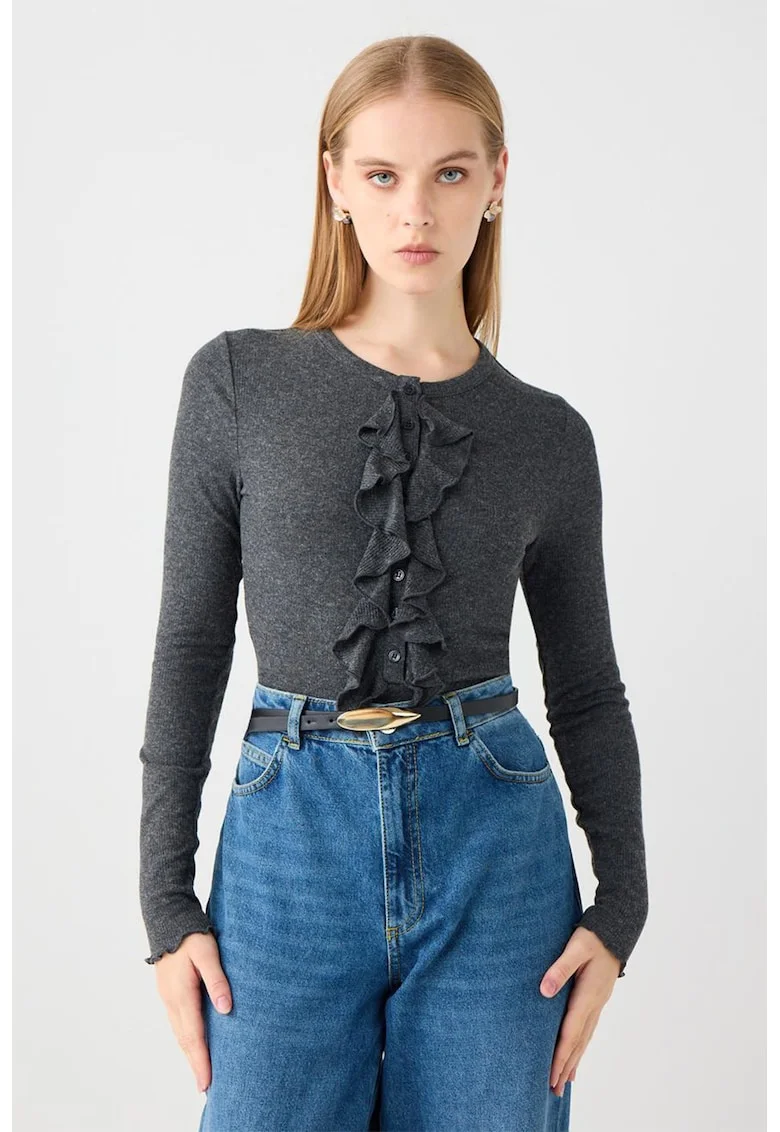 Bluza cu nasturi si volane, Gri inchis melange