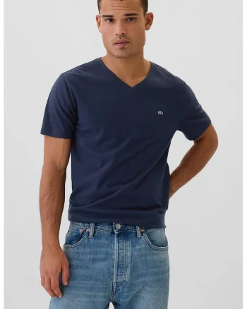 Tricou de bumbac cu decolteu in V, Bleumarin