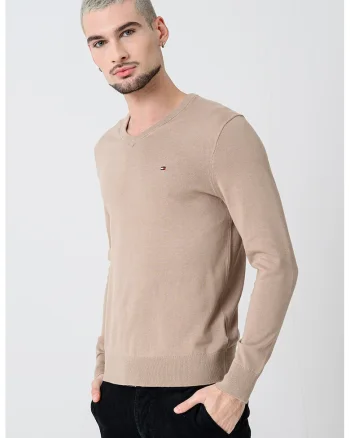 Pulover de bumbac cu decolteu in V, Maro taupe