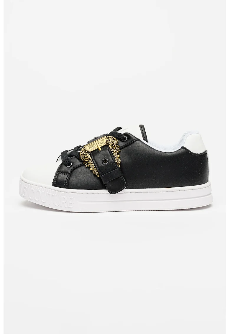 Pantofi psort de piele ecologica cu design cu catarama Fondo Court, Alb/Negru