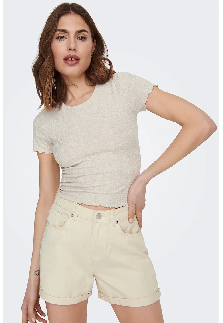 Tricou crop cu croiala slim-fit si aspect striat, Bej deschis