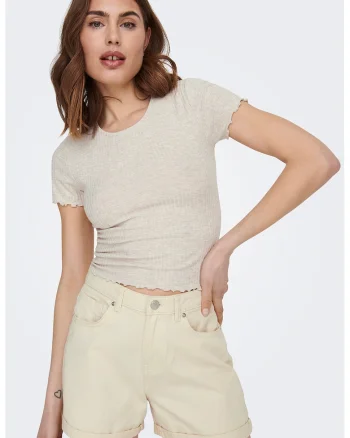 Tricou crop cu croiala slim-fit si aspect striat, Bej deschis