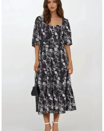 Rochie maxi,  brodata, decolteu inima, maneci bufante, neagra, textil, Negru