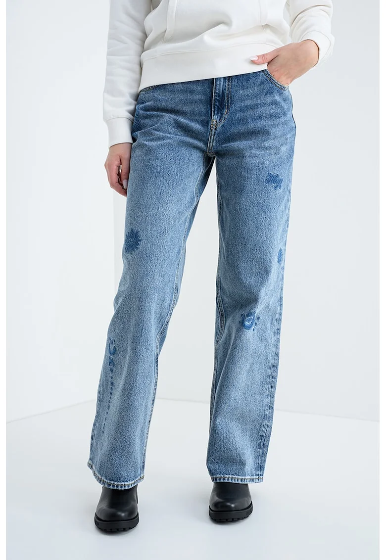 Blugi relaxed fit cu broderie Gamala, Albastru melange