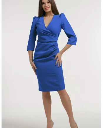 Rochie midi cambrata cu deoclteu in V, Albastru