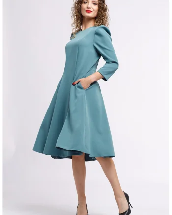 Rochie midi plisata cu buzunare laterale, Verde aquamarin