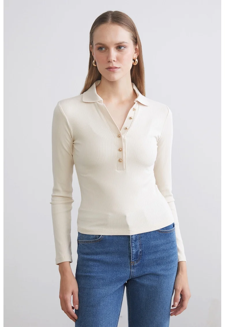 Bluza din amestec de modal cu fenta cu nasturi, Alb fildes