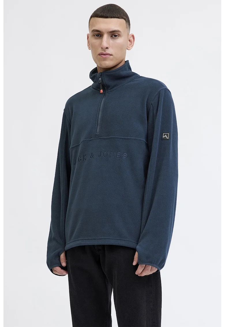 Bluza de trening cu fermoar si imprimeu logo, Albastru petrol