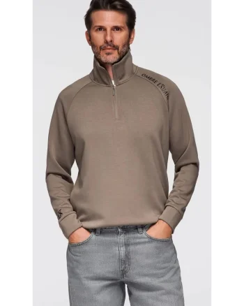 Bluza cu guler inalt cu fermoar si imprimeu contrastant  OM-SSZP-0211, Maro