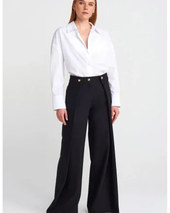 Pantaloni dama,  talie inalta, croiala larga, negru, crep,