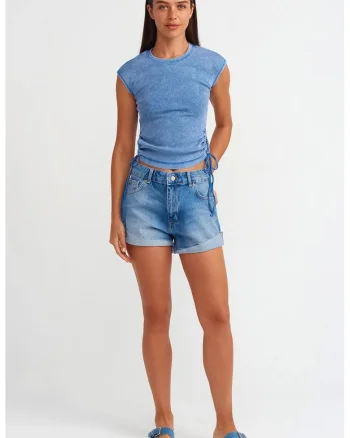Pantaloni scurti dama,  denim albastru deschis, talie inalta, casual, 100% bumbac,