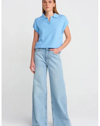 Blugi dama,  talie inalta, picior larg, denim albastru deschis 100% bumbac