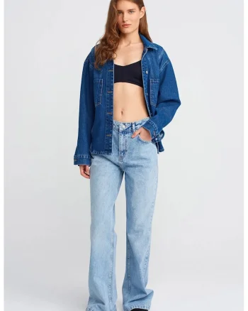 Blugi dama,  talie inalta, croiala larga, denim albastru deschis, 100% bumbac